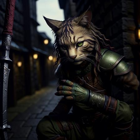 <lora:RPGTabaxi:1.0> tabaxi:1.2, solo, looking at viewer, gloves, weapon, holding weapon, sword, belt, armor, fur trim, green eyes, blurry, blurry background, realistic:1.3, medieval alley