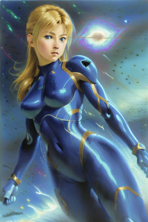 Portrait of samus aran zero suit blue figurine pose full body nintendo artwork lev lagorio damaged textured oil painting o...