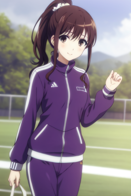 sakakibararitsuko, ponytail, brown eyes, 1girl, solo, track suit, track jacket