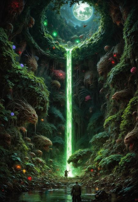 The depths of a Wetlands thicket, where venomous flowers bloom under the cover of night. Their petals absorb moonlight, casting a green hue that attracts unwitting prey with its beauty., 
in the style of the decaying empire of Würstreich, dark magic and grotesque creatures abound, inspired by Sean Aaberg's punk aesthetic, dark fantasy world combines grim landscapes with vibrant, exaggerated colorful art, heroes skirmish monstrous foes in a setting where rebellion, decay, and mysticism intertwine, crafting a unique, immersive vibe
, dramatic style of Thomas Gainsborough