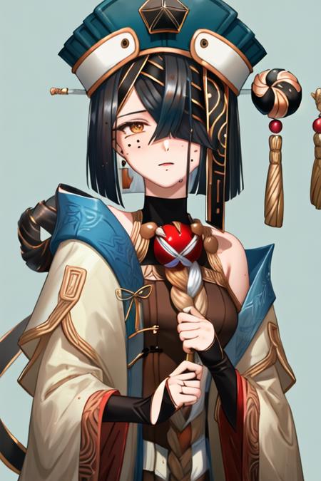 best quality, masterpiece, highres, solo, {xu_fu_fgo:1.15}, black_hair, hair_over_one_eye, mole, mole_under_eye, small_breasts, breasts, doll, hair_ornament, hat, blue_headwear, short_hair, hair_stick, character_doll, brown_eyes, tassel, straight_hair, medium_hair, hair_between_eyes, gem, bridal_gauntlets, upper_body