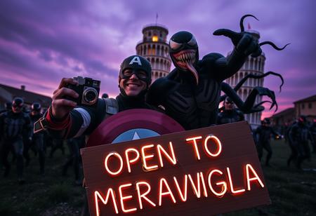 Marvel icons, Captain America and Venom, are caught in a surreal, high-energy selfie in front of the Leaning Tower of Pisa, with a dark, ominous atmosphere creeping into the scene. Captain America, his shield glinting under a fading sun, holds a vintage Kodak MC3 camera, trying to capture the moment. Venom, grinning wildly, strikes a chaotic pose, his black tendrils coiling unnervingly around Cap, almost too tight, as if blurring the line between playful and sinister. Behind them, a massive Sion army marches forward, their eyes glowing an eerie, unnatural red through their shadowy, insect-like helmets.
The sky is a strange, bruised purple, casting unsettling hues across the landscape. The Leaning Tower of Pisa leans dangerously, its shadow long and twisted, as if the world itself is warping. In the foreground, a creepy neon cardboard sign reads ‘OPEN TO MERAVIGLIA,’ but the letters flicker erratically, as though malfunctioning, with some symbols distorting into unfamiliar, unsettling shapes. Holographic accents pulse in and out, distorting reality. Dust and fog swirl ominously around the scene, as if the world is caught between dimensions, adding to the eerie, haunted feel of this strange and thrilling moment
