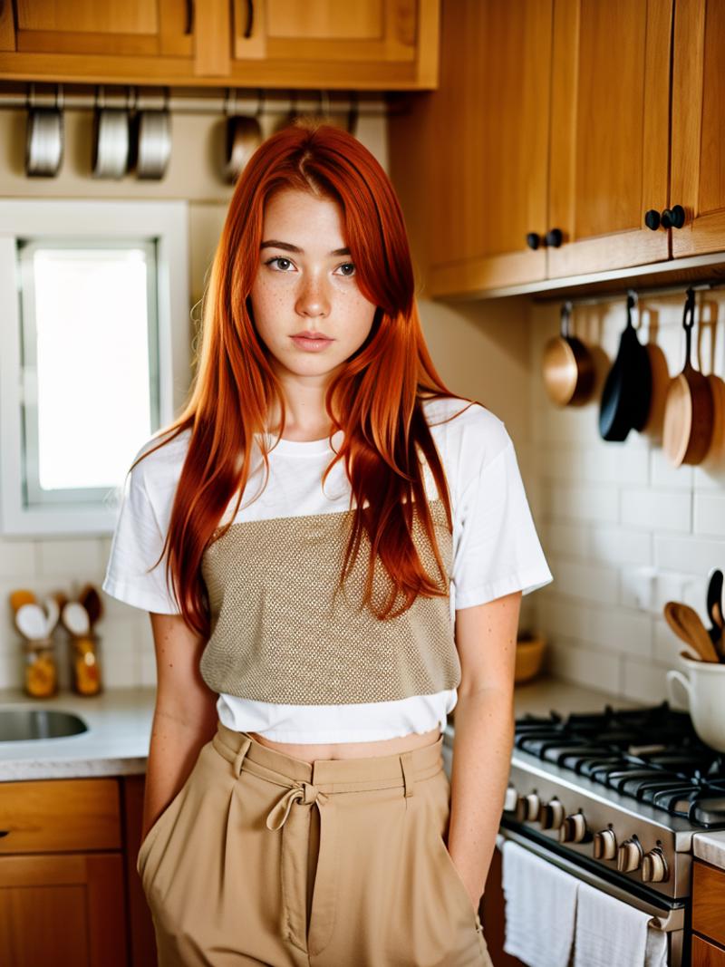 A red-headed woman wearing a white shirt and khaki pants poses in a kitchen.