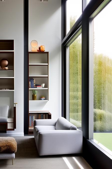 dvArchInteriorModern style, living room, couch, book shelf, window to outside, subtle details, 24mm, f1.8, shadows, sunset lighting, wide angle, award winning architecture photography, diffused light, soft light