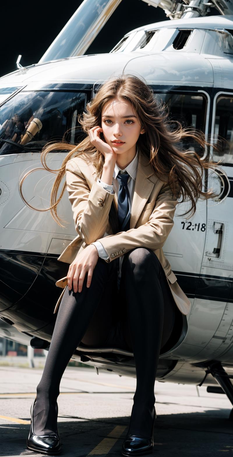 A Woman in a Suit Posing in Front of an Airplane.