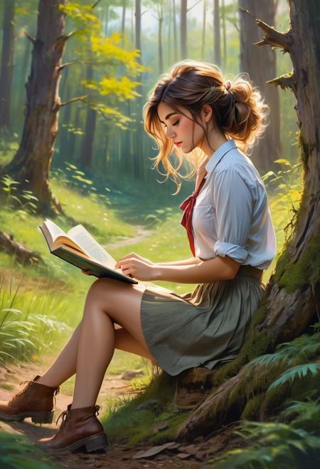 A 23 y.o. girl sitting in enchanted forest and reading a book, leaning backwards, (cleavage:0.8), side view, messy hair, short skimpy skirt, immodest, country side, beautiful colors in the landscape, semi-realistic, shirt tied in front, 1book, (the story coming to life around her)