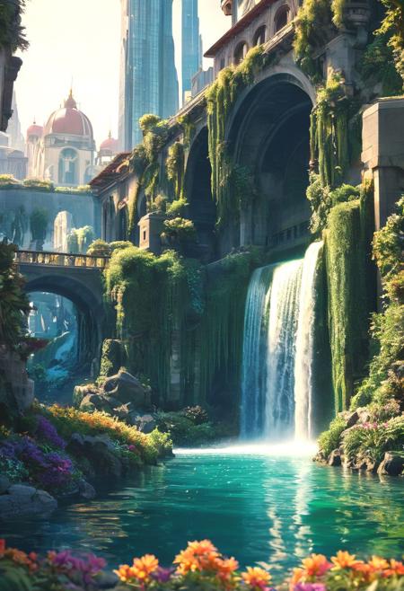 Starlight River: A mystical river flowing through a volcanic landscape. The water shimmers with starlight, reflecting the Milky Way:1 above. Strange, glowing plants line the riverbank ethereal waters. intricate details of thePanoramic night scene of a sci-fi city inspired by Studio Ghibli and Alphonse Mucha. A majestic waterfall cascades down a central skyscraper, its water illuminated by the moonlight. Intricate details on the waterfall evoke Mucha's Art Nouveau style. The cityscape stretches out on either side, bustling with futuristic activity. Selective focus blurs the background, drawing attention to the A hyper-realistic 3D close-up of a ladybug perched on a blade of grass, its back adorned with a miniature terrarium overflowing with wildflowers. Rendered in the vibrant, whimsical style of Lisa Parker, with a touch of Beeple's signature strokes. 8K Octane render. (pop surrealist style vibrant colors)
waterfall and the city in the foreground. The scene is incredibly detailed, high quality, and in 4K resolution.
venetian type rowing boat in the middle
Emphasize the epic scale of the metropolis and its surrounding environment, while hinting at the mysteries of the lost civilization that built it.