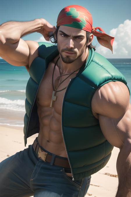 masterpiece, detailed face, highres, ralfkof, 1guy, solo,looking at viewer, stubble, green vest, denim pants, necklace, head bandana,  beach, semi-realistic,   <lora:RalfKOF2:1>