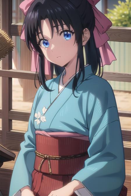 kaoru kamiya, blue eyes, black hair, pink bow, bow, hair bow, kaoru kamiya, blue eyes, black hair, ponytail, japanese clothes, kimono, sash, obi, skirt, japanese clothes, hakama, hakama skirt, japanese clothes, open clothes, kimono, bandages, hakama, sarashi, open kimono, chest sarashi, hadanugi dousa, bokken,