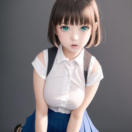 1girl, bangs, bent over, black footwear, blue skirt, blue socks, blush, breasts, brown hair, brown vest, collared shirt, green eyes, grey background, looking at viewer, looking back, looking through legs, medium breasts, open mouth, pleated skirt, shirt, shoes, short hair, simple background, skirt, sleeves rolled up, socks, solo, standing, upside-down, vest, white shirt