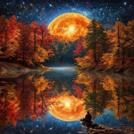 A surreal and vibrant landscape unfolds under a starry night sky, illuminated by the ethereal glow of celestial bodies. A solitary figure, silhouetted against the radiant backdrop, stands at the edge of a reflective body of water that mirrors the splendor above. Towering trees with foliage shaped into perfect spheres border one side of the scene, their leaves a rich tapestry of autumn hues. On the opposite side, dark and enigmatic pines stretch upwards, their silhouettes stark against a luminous planet hanging low in the sky. Suspended above this tranquil yet otherworldly scene is a geometric anomaly   a cube glowing with an inner light, casting its warm radiance downwards. It hovers mysteriously, tethered by unseen forces to the world below and the cosmos beyond. The landscape is punctuated by jagged mountain peaks that rise in the distance; they are both ominous and majestic as they stand sentinel under swirling galaxies that dance across the heavens.