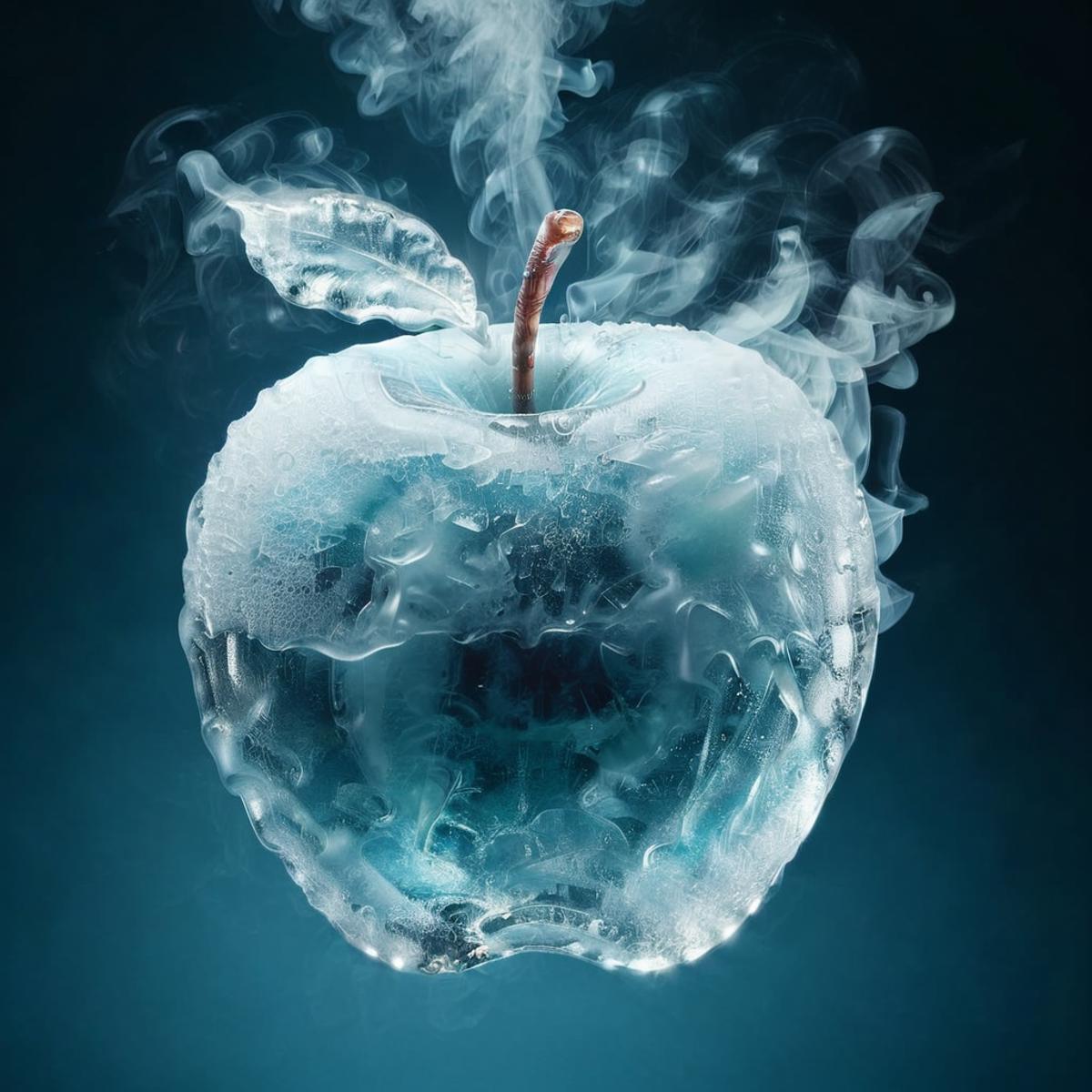 A blue and white apple with a stem and a bite taken out of it, with smoke coming out of it.