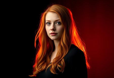 woman, ginger hair, long hair,
black background, orange backlight, volumetric backlight,
16k, HDR, best quality, best resolution, extremely detailed, masterpiece, absurdres, realistic, 
full body shot,