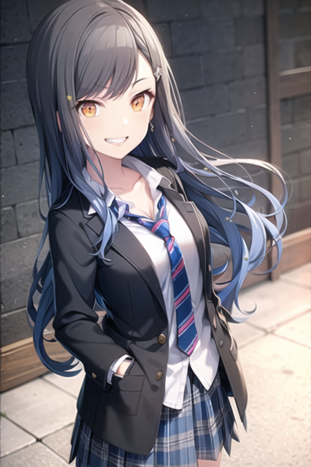 <lora:Anv2-07:0.7> , shian, 1girl, solo, long hair, looking at viewer, smile, skirt, simple background, shirt, black hair, hair ornament, long sleeves, jewelry, school uniform, blue hair, collarbone, jacket, white shirt, pleated skirt, earrings, open clothes, necktie, striped, collared shirt, star (symbol), grin, open jacket, blue skirt, black jacket, orange eyes, plaid, dress shirt, plaid skirt, blazer, black background, hand in pocket, star hair ornament, hands in pockets, star earrings, striped necktie