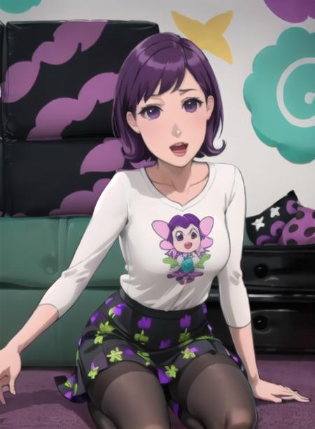 {best quality}, {{masterpiece}}, {highres}, original, extremely detailed 8K wallpaper, {an extremely delicate and beautiful},1girl,purple hair,makeup, purple_eyes, small eyes,smell,  whirt shirt,black skir,there are purple and green patterns on the skirt,black stockings,medium_breasts, <lora:zhangxiaoli:1>