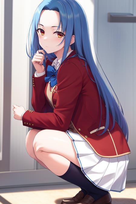 masterpiece, best quality, highres, 1girl haruka hasebe blue hair, school uniform white skirt white skirt red jacket orange vest blue bowtie <lora:haruka_hasebe:1> squatting, from side, looking at viewer