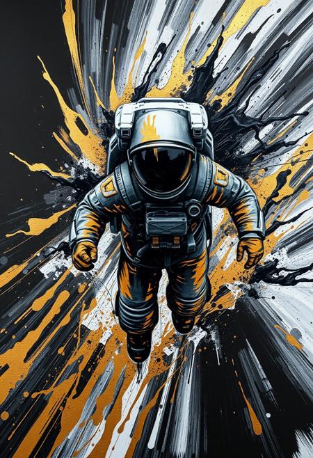 A hyper-stylistic, extremely detailed image depicts a breathtaking painting, crafted from a combination of smeared black and gold metallic paint. An astronaut is captured in a streaked motion, as if it is moving rapidly in one direction. The black paint is applied in bold, dynamic strokes, creating a sense of energy and movement that is contrasted beautifully by the golden accents. The gold paint is used to highlight the astronauts features, adding a sense of depth and dimensionality to the image. The overall effect is one of breathtaking, surreal dynamism, as if the viewer has captured a fleeting moment in time. Every detail of the image is meticulously crafted, from the delicate, swirling patterns of the gold paint to the intricate, textured patterns of the black paint. The contrasts between light and dark, color and texture, create a sense of tension and energy that draws the viewer in, inviting them to explore the kinetic world of the painting. highest-Quality, intricate details, visually stunning, Masterpiece