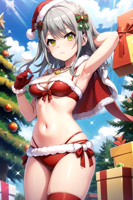 <lora:8Yuki-05:0.7> ,yukiptd, 1girl, solo, long hair, looking at viewer, thighhighs, gloves, hat, bow, navel, cleavage, jewelry, medium breasts, closed mouth, standing, swimsuit, yellow eyes, grey hair, bikini, cowboy shot, food, armpits, necklace, stomach, star (symbol), arm up, red bow, fur trim, capelet, fruit, frown, box, christmas, red headwear, gift, santa hat, red gloves, red bikini, arm behind head, cake, gift box, christmas tree, fur-trimmed gloves, red capelet, fur-trimmed capelet, red bra, christmas ornaments, santa bikini