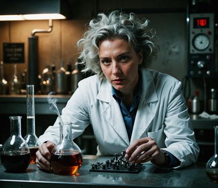 /imagine prompt: mad scientist, Leggotype, Cinematic photography, movie mood, cinematic light, compelling composition, storytelling elements, conveys emotion, mood, and narrative depth, creating visually striking images that feel like still frames from a film
