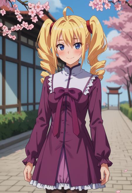 drill hair, twintails, blonde hair, blue eyes, ahoge, hair scrunchie, red scrunchie RavelSchool, black sweater, neck ribbon, black ribbon, pleated skirt, purple skirt RavelDress, purple dress, purple ribbon, long sleeves, black pantyhose