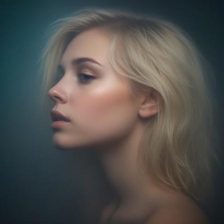 Beautiful blonde Young woman, 20 years old, cute face ,profile, looking slightly upward, moody, hazy, foggy, neon lights break through the dense fog, artsy, pop album cover shot, graphic design background, close up on woman's face