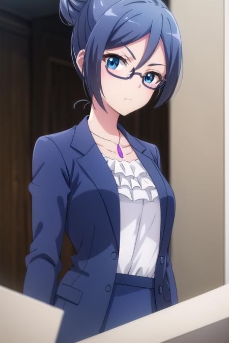 beatriceroegner, <lora:beatrice roegner s2-lora-nochekaiser:1>,
beatrice roegner, short hair, blue eyes, blue hair, glasses, hair bun, single hair bun, semi-rimless eyewear,
BREAK skirt, shirt, jewelry, collarbone, jacket, white shirt, pantyhose, necklace, blue skirt, black pantyhose, formal, single hair bun, suit, blue jacket, pencil skirt, teacher, skirt suit,
BREAK indoors, classroom,
BREAK looking at viewer,
BREAK <lyco:GoodHands-beta2:1>, (masterpiece:1.2), best quality, high resolution, unity 8k wallpaper, (illustration:0.8), (beautiful detailed eyes:1.6), extremely detailed face, perfect lighting, extremely detailed CG, (perfect hands, perfect anatomy),