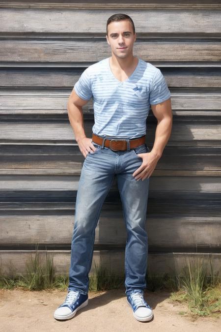 <lora:jake_dalton-04:0.75> photo of jake_dalton, natural relaxed expression, wearing a blue and white striped v-neck shirt and jeans and belt and sneakers, posing outdoors, leaning against a weathered distressed wooden wall, natural lighting, grass, gravel