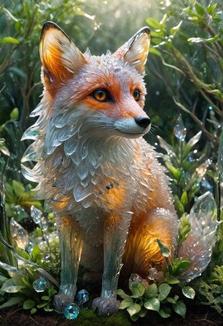 An ethereal oil painting depicting a glass fox sculpture amidst glass bushes and trunks. The artist skillfully captures the shimmering quality of the glass, with the fox appearing to glow from within. The surrounding glass foliage adds to the otherworldly atmosphere, transporting the viewer to a realm of enchantment