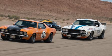 Creates an ultra detailed and realistic image taken by a drone, wide angle, of a race between 2 custom cars, created with parts from many muscle cars, with aerodynamic lines from 1972. The cars have tinted black windows. It is captured in motion with motion blur at full speed through a desert, daylight. Race between 2 cars. The photograph is captured with an Arri Alexa camera, with a zoom lens.
. <lora:Vintage Muscle Car SDXL:1>