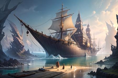 hires,high resolution, intricate, (detailed background), masterpiece, best quality, landscape, scenery, <lora:Grand Scale:1>, shoreline, sea, massive wooden ship, (fantasy:1.2)