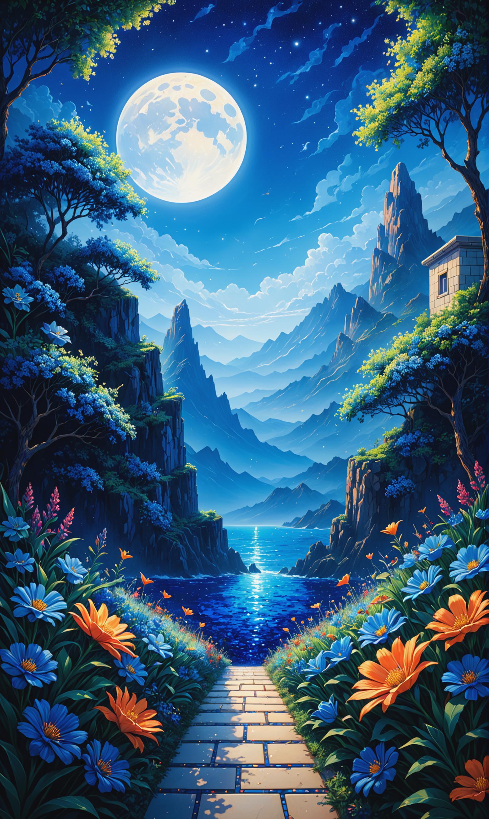 A Painting of Mountains, a Lake, and a Moonlit Sky