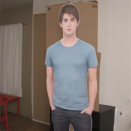 highly realistic single young adult man standing up cardboard cutout, inanimate <lora:glossyphotov3-notfullytrained:0.7>