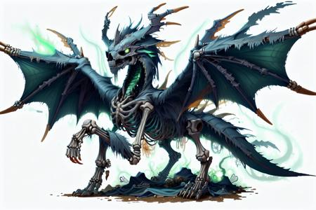 <lora:WorldofSigmarnighthaunts:1.0>, quadruped, tattered rags, green aura, skeletal,, worldofsignighthaunts,  winged dragon, <lora:DragonDNA-25:0.6>, (dragondna:0.6)