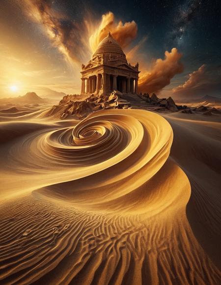 Golden hour, nebula, stardust, sandswirl, ancient ruins emerging from sand, forgotten city  <lora:SandSwirlLoRa:0.8>