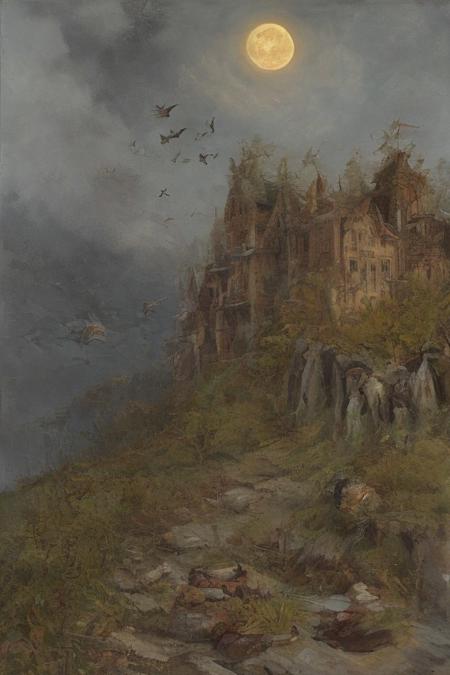 oil painting, of a castle on a cliff, forest, night, a flock of bats flying in the dark sky, reddish moon, clouds tainted red, dark theme, still life, shadows, haunted castle