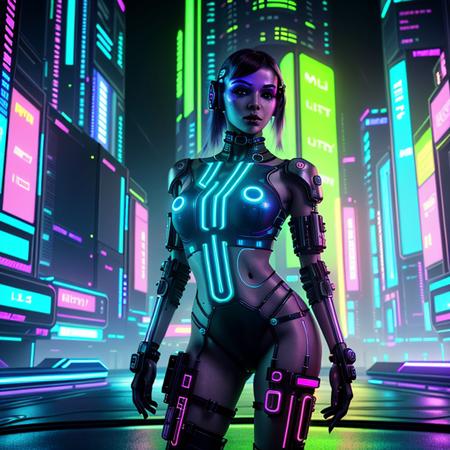 <lora:lora_hot_cyberpunk_girl:0.7>, a stunning futuristic woman with glowing cyberpunk gear, ultra detailed face, full body portrait, soft lighting, dynamic neon city background, masterpiece, (best quality), (8k), high resolution