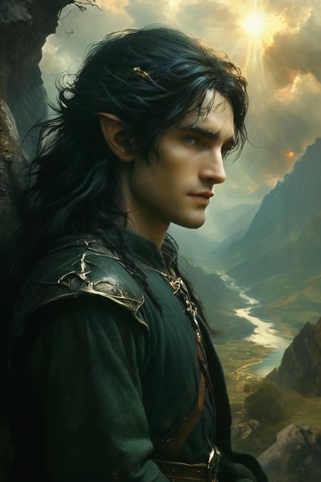 (art by michelangelo:1.3), (fantasy illustration of the world of tolkien:1.3), male elf, long black hair, (for his valour was as a fire and yet as steadfast as the hills of stone; wise he was and skilled in voice and hand; truth and justice he loved and bore good will to all, both Elves and Men, hating Morgoth only; he sought not his own, neither power nor glory, and death was his reward.:0.5)
<lora:add-detail-xl:0.7> <lora:aesthetic:0.7> <lora:Into_Darkness:0.7> <lora:MJ52:0.4> <lora:ral-dissolve-sdxl:0.4> <lora:xl_more_art-full_v1:0.5>