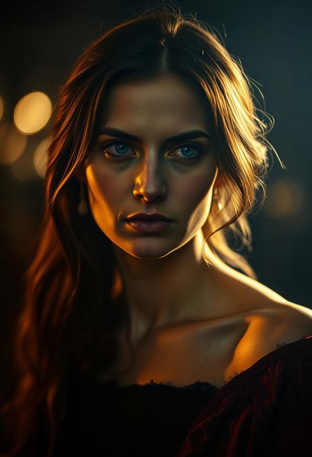 A Renaissance painting of a woman, sharply focused against a blurred bokeh background. The painting uses intense dramatic lighting and sfumato, with chiaroscuro creating high contrast and tension. Anatomical accuracy is key, highlighting realistic human emotion.