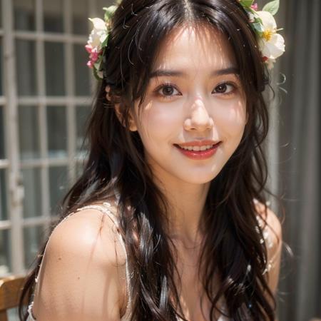 <lora:girl_10:0.8>,face lighting,bright backlight,medium breasts,super high resolution,best quality,Photos,4k,(Realistic:1.2),1girl,solo,realistic,long hair,flower,black hair,hair ornament,lips,hair flower,smile,brown eyes,upper body,