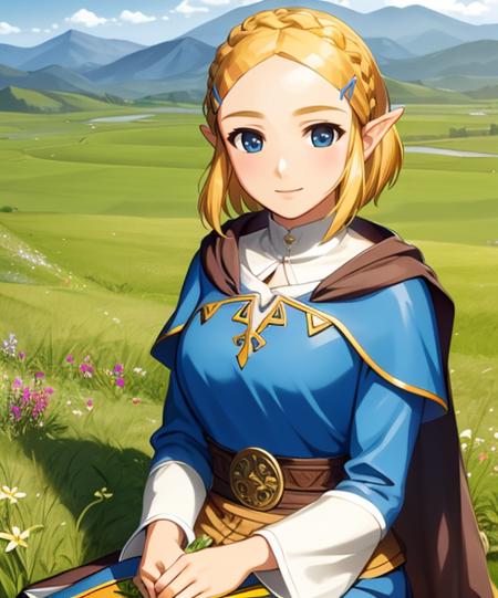 portrait, (adult woman), picking flowers, sitting in a field, (1girl, solo), smile, (blonde hair), ((field, rolling hills)), (distant mountains), ((best quality, high detail)), ((masterpiece)),  <lora:zelda_shorthair_v5:0.4> zelda\(princess\), hairclip, cape, <lora:1_bekkankou:1>