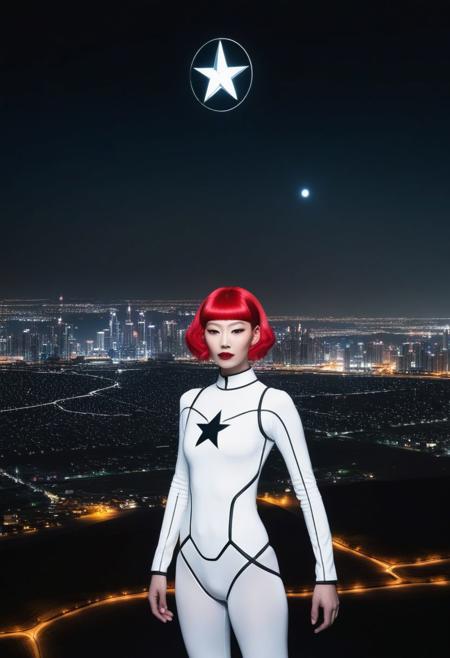 In center of the picture a black circle in bold lines intersected by a thick pentagram held up in hands, five pointed star, symmetrical,
In the background: ((An enormous city sprawl with a city skyline reaching for the stars,
Aleph Tower, centre for the AI that rules the Human civilization, in a glittering city of glass and shining metal,
   bright sunlight under a pitch black sky.
twice five miles of urban sprawl,
in the front an android woman, slick suit, white top with thin shoulder straps,mechanical limbs, joints, metal face,( full body portrait:1.5), petite body, fake red hair with flowing curls, pale plastic skin, painted blush on cheeks, red lipstick, stale smile, proud)),  
Photographer Reuben Wu Style