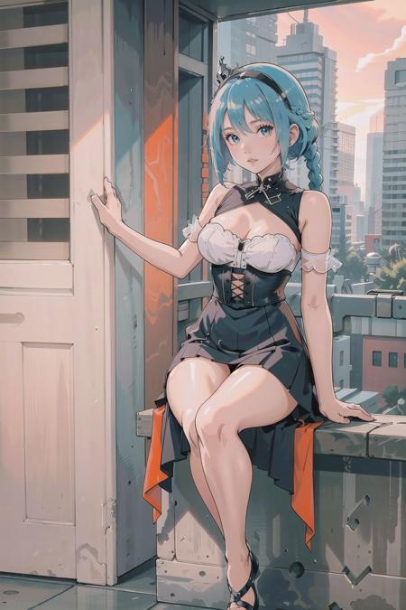 (masterpiece, best_quality, ultra-detailed, immaculate:1.3), epic, illustration, pastel goth girl, 1girl, cute, full body, [:outlandish, casual costume design,:0.2], official art, albino, bombshell punk hair, neon slate blue hair with red-orange highlights, long bombshell hair,  orange lighting from below, on a Roman plain background, bombshell hair, platinum hair, Braided Crown,bob cut, prostration<lora:EnvyBeautyMix17:1>