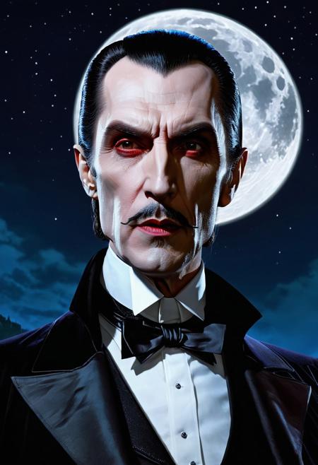 Ultra realistic,, Surrealism, Incredibly Detailed Accurate Highest quality professional photography. Close up portrait of Count Dracula at night under the full moon, sharp focus, digital painting, symmetrical and maximalist, dramatic lighting, cinematic vision, Aaron Garbut, Grand Theft Auto 5 Style