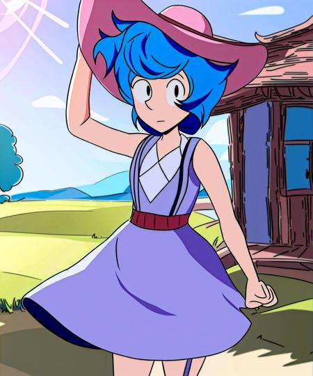 <lora:LapizLoraRMixpro-000001:.9>, 1girl, Lapiz Lazuli (character), idol pose, skindentation, beautiful woman, wearing a pink sundress,sun hat, suspenders, blue hair, pupils, modeling, outdoors,  stilt house, short hair, cowboy shot, (blue skin:1.2)