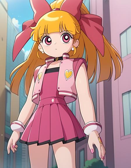 momoko casual, shorts, stripped shirt, striped sleeves momoko blossom, pink leotard, sleeveless pink jacket , pink skirt