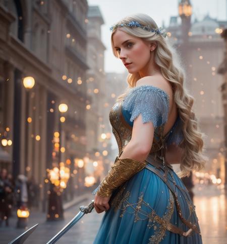 a woman in a blue dress holding a sword, a character portrait, cgsociety contest winner, fantasy art, whimsical, fantasy,  hd, dress crystal crystallized  pastel ornate drops transparent, hair blonde , fantasy, Medieval,  epic hyper-detailed masterpiece ultra-wide, cinematic still , glamour hyper shoot , bokeh, pre-raphaelite, photo, realistic,  octane render,  35 mm, photography , 8k resolution , 8 k, cinematic lighting,  photographic, Eastman Kodak Color Negative film 5251 50T shot on panavision super , art by  Bagshaw Tom, stanley, greg rutkowski, thomas kindkade, norman rockwell