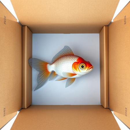 high quality, detailed, source_3d, source_photo,
BREAK cardboard box, top down view of cardboard box, open box, goldfish laying on its side at the bottom of the box, goldfish is motionless, goldfish eye looking at view, the goldfish id dead and not swimming, the goldfish is just at the bottom of the box,