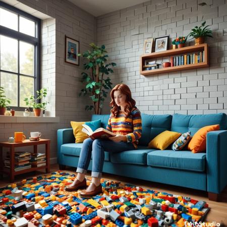 Concept: realistic, human, modular, vibrant, intricate, immersive, playful, surreal, cozy, tangible.
Core Elements: LEGO, bricks, woman, room, furniture, everyday objects, plastic, studs, plates, human interaction.
Atmosphere/Mood: whimsical, imaginative, nostalgic, comfortable, serene, curious, inviting, dreamlike, vibrant, unique.
Setting Details: cozy room from LEGO bricks, LEGO walls, floor, and ceiling, LEGO sofa, armchair, coffee table, bookshelf, lamp, book, mug, plant, sunlight, window, crisp shadows, scattered loose LEGO bricks.
Central Figure Details: real woman, natural appearance, comfortable clothing (sweater, jeans), sitting on a LEGO sofa, reading a LEGO book, gentle expression, interacting with LEGO environment.
Lighting: soft, natural light, dappled sunlight, crisp shadows, sharp highlights, subtle internal glow, ambient warmth, cozy illumination.
Composition: medium shot, eye-level, focused on the woman and her immediate surroundings, shallow depth of field, leading lines of room architecture, immersive view, detailed close-ups.
Color Palette: reds, blues, yellows, greens, oranges, purples, teals, transparent colors, crisp whites, blacks, grays; natural skin tones and hair colors for the woman, high saturation, clean, contrasting, playful, vivid.
Quality: photorealistic, ultra detailed, precise brick connections, cinematic atmosphere, visually striking, hyperrealistic, artistic, playful, interior design, character portrait, surreal.