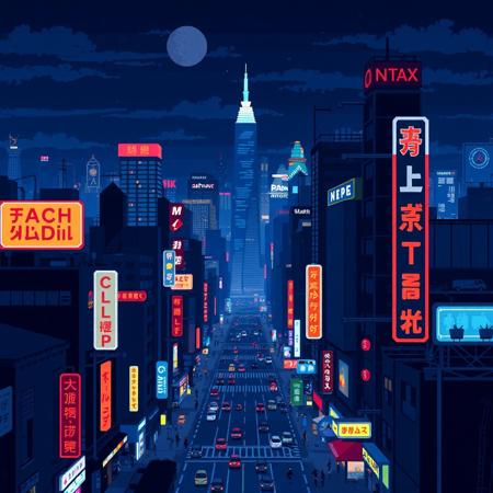 A pixel art rendition of a bustling cityscape at night, with neon signs illuminating the streets.