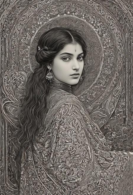 Persian Girl.art by Gustave Dore and Kim Gamble, poster art, bold lines,
museums and complicated atmosphere with subsurface reflections, refined details,
(magenta and pearl colors:0.1),  (center composition:0.1),
<lora:add-detail-xl:1> <lora:xl_more_art-full_v1:0.5>